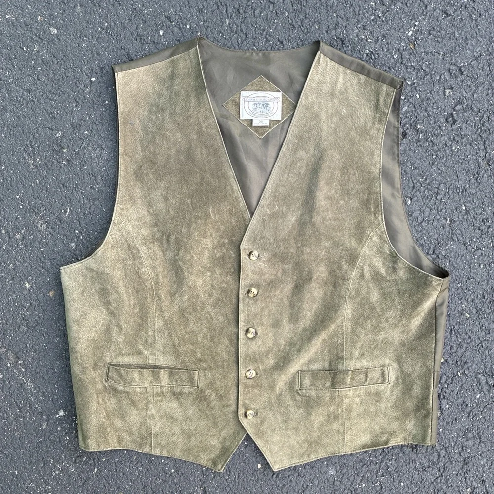 John Ashford Sport Suede Leather Vest Olive Green Button Front Mens XL